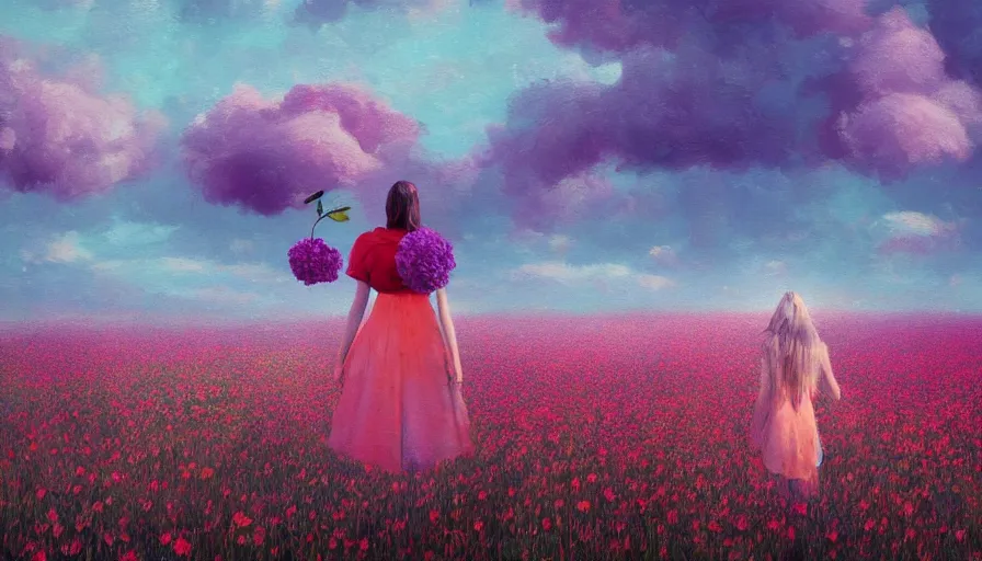 Image similar to girl with a large flower instead of face, surreal photography, dream, standing in flower field, hills, big trees, sunrise dramatic light, impressionist painting, colorful clouds, digital painting, pointillism, artstation, simon stalenhag, flower face