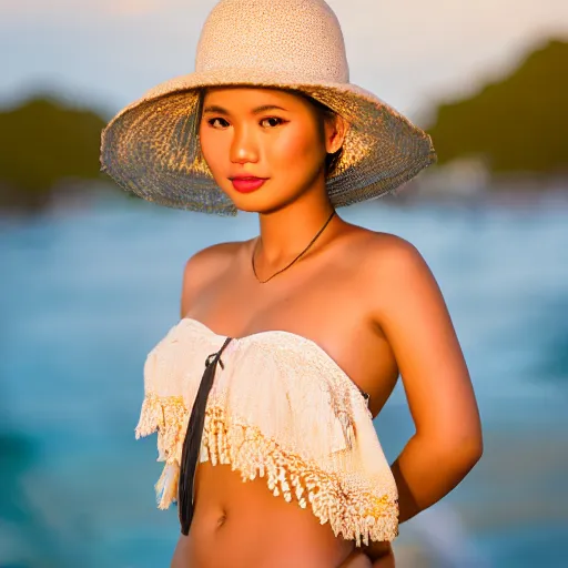 Prompt: a beautiful full body portrait of a beautiful Filipina girl, beautiful detailed eyes, golden hour in Boracay, outdoors, professional award winning portrait photography, Zeiss 150mm f/ 2.8 Hasselblad