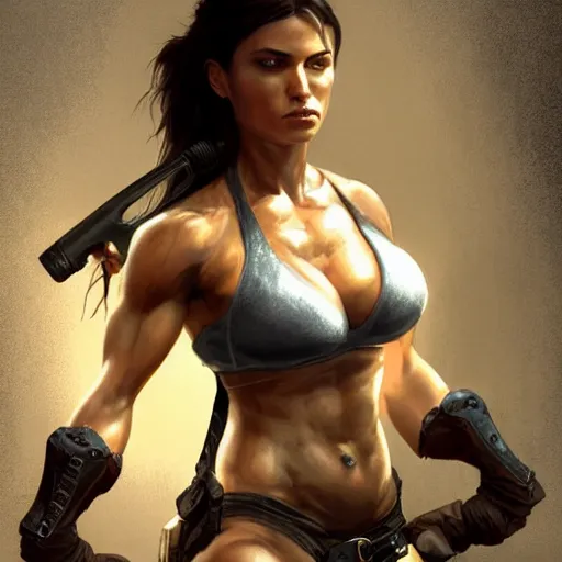 Prompt: lara croft as a female bodybuilder goth girl, fantasy, intricate, elegant, highly detailed, digital painting, artstation, concept art, matte, sharp focus, illustration, art by aenaluck and roberto ferri and greg rutkowski, epic fantasy, digital painting