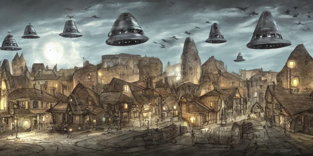 Image similar to ufo's invading a medieval town, view from the street, concept art