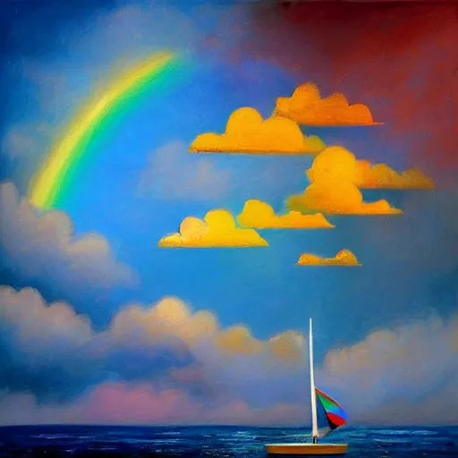 Image similar to by carrie graber mournful tetris. a beautiful body art of a sailboat sailing on a sea of clouds, with a rainbow in the background. the sailboat is crewed by a group of monkeys, & the sails are billowing in the wind.