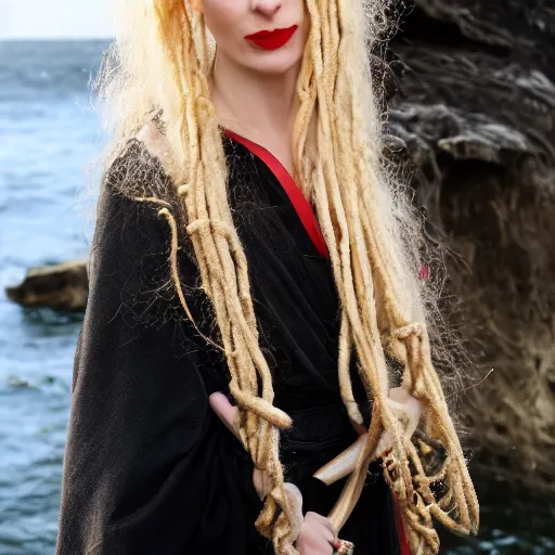 Image similar to a beautiful english woman with a long face narrow nose pale skin blue eyes red lips and wild messy tangles of curly white blonde hair leaning over the side of a sailing ship and throwing up, high resolution film still wearing a black robe and skull necklace and holding a spear, sandy, a journey to the west