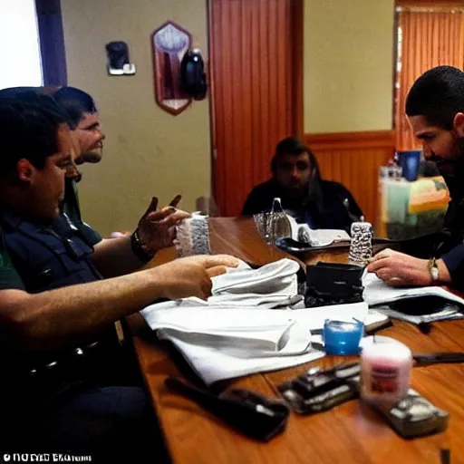 Image similar to druglord sitting at his table after police arrested him, there are seized drugs on the table, dimly lit scene