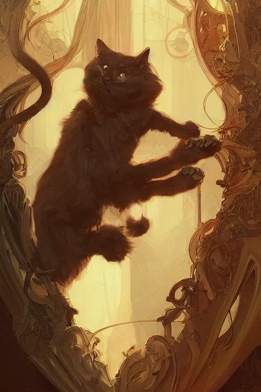 Prompt: portrait of an evil cat goddess Bast plotting against humanity, highly detailed, digital painting, artstation, concept art, sharp focus, illustration, art by artgerm and greg rutkowski and alphonse mucha