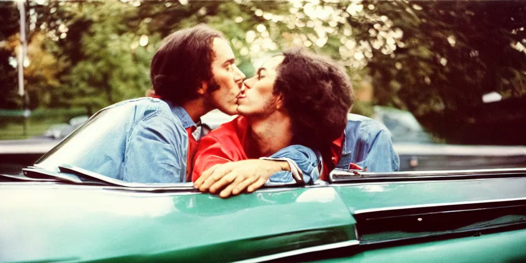 Image similar to 1 9 7 0 s car window closeup, young man and woman kissing in the back seat closeup, coloured film photography, view from below, elliott erwitt photography