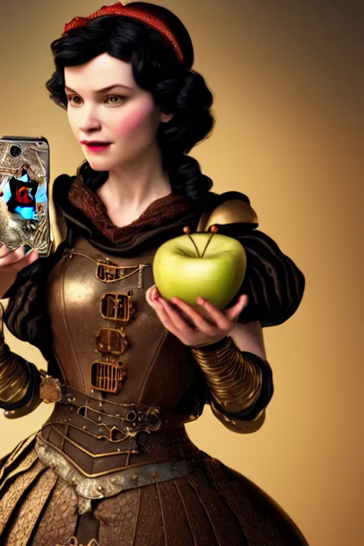 Prompt: highly detailed digital steampunk arthurian portrait of snow white holding an apple, soft light, 8 k, futuristic, octane render, by james edwin mcconnell and walt disney