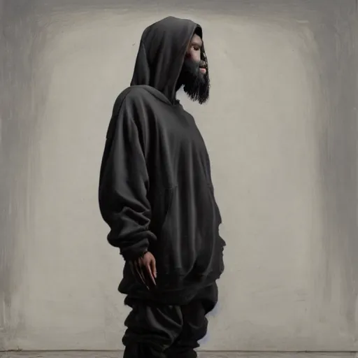 Prompt: a full body portrait of modern day jesus wearing yeezus streetwear hoodie and pants by nicola samori, oil painting, realistic, 8 k, kanye style