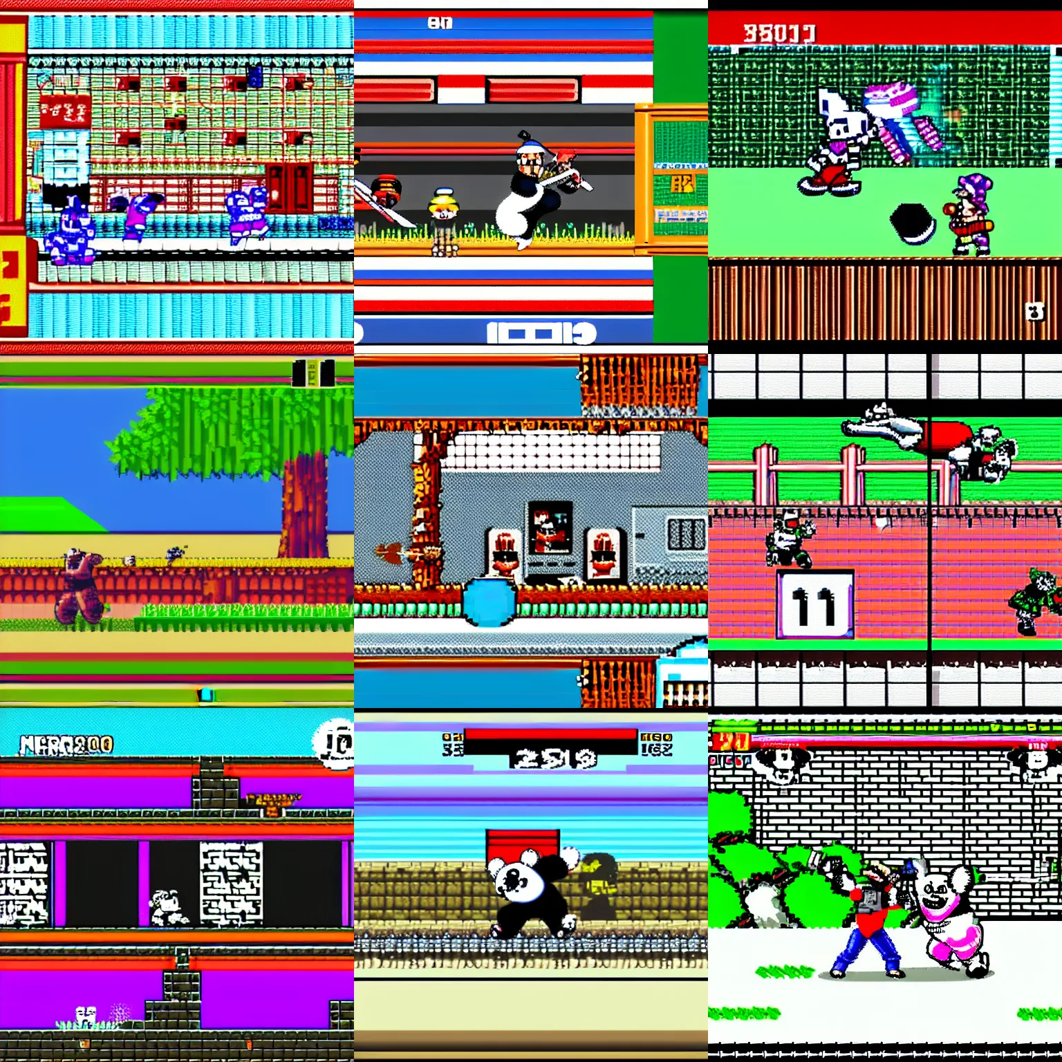 Prompt: Screenshot of the game 'Panda Fighter 1991' for the NES