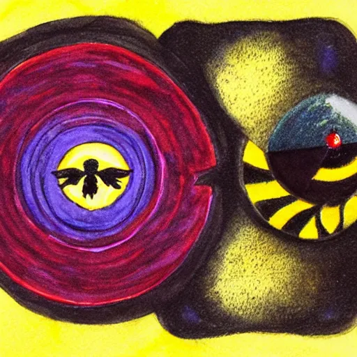 Prompt: a Wiccan ritual spell with a bumblebee placed in the middle of a bloody bullseye, fantasy illustration