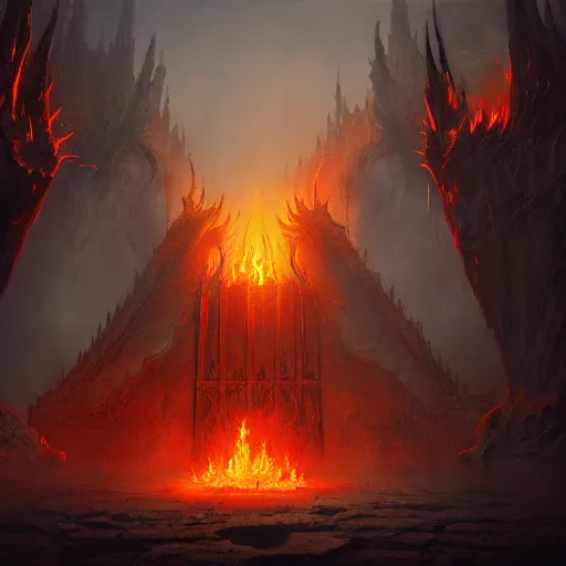 Prompt: The gates of hell, fire, volumetric fog, demons, fantasy, medieval, vivid colors, elegant, concept art, sharp focus, digital art, Hyper-realistic, 4K, Unreal Engine, Highly Detailed, HD, Dramatic Lighting by Brom, trending on Artstation