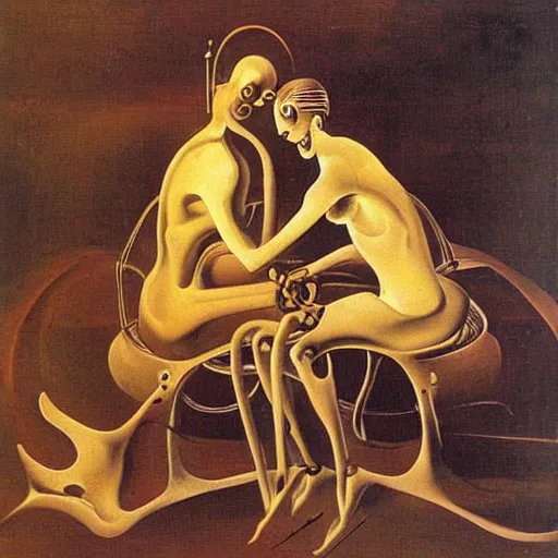 Prompt: Two mechanical beings in a deep conversation. Dali.