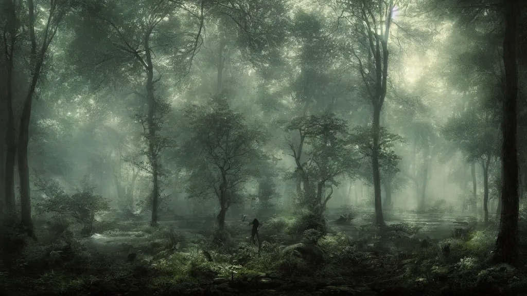 Image similar to a clearing in the magical forest. andreas achenbach, artgerm, mikko lagerstedt, zack snyder, tokujin yoshioka