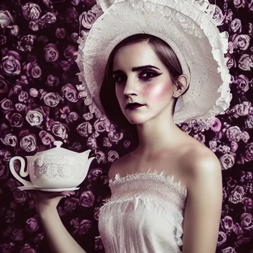 Prompt: on texture paper full body fashion model emma watson smokey eyes makeup eye shadow fantasy, glow, shimmer as victorian woman in a long white frilly lace dress and a large white hat having tea in a sunroom filled with flowers, roses and lush fern flowers ,intricate, night, highly detailed, dramatic lighting , high quality
