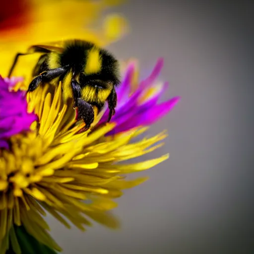 Prompt: bumble bee made of flowers, pedicel legs, flower petal wings, sits on a finger, 5 0 mm lens, f 1. 4, sharp focus, ethereal, emotionally evoking, head in focus, volumetric lighting, blur dreamy outdoor, inspired by giuseppe arcimboldo