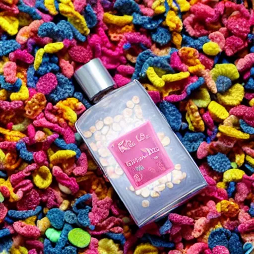 Image similar to a bottle of By Kilian 'Love Don't Be Shy' perfume, the bottle of perfume is laying on cereal, the cereal is Kelloggs Fruity Pebbles, high resolution photo,