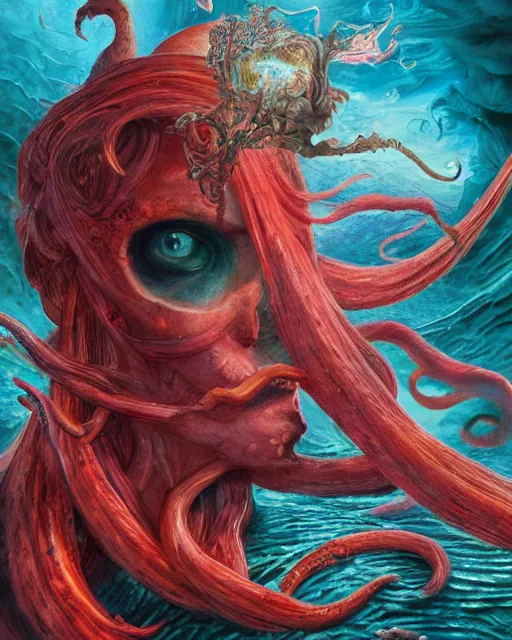 Image similar to hyper realistic photo of a beautiful sea witch with her red squid with big eyes hiding in an ink cloud, cryptozoology monster, background multicolored smoke, detailed sci-fi illustration designed by Marc Simonetti, Mike Mignola, Hiroshi Yoshida, Ernst Fuchs intricate illustration, 8k resolution, vivid