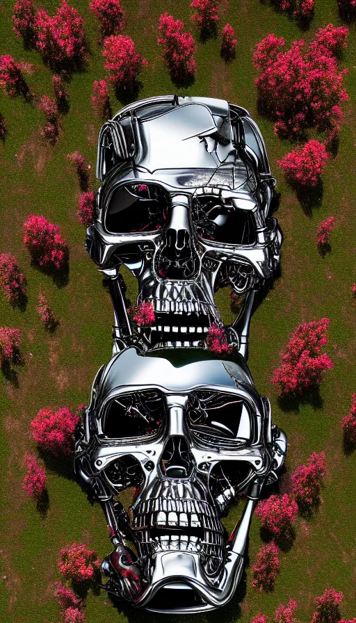 Image similar to destroyed terminator lying in a field of flowers, twisted metal, chrome, reflections, anthropomorphic, photorealism, smoke, metal, 8 k, surreal, wires, smooth, sharp focus, top view, extremely detailed, hyperrealism, elegant, establishing shot, by jeff koons, artgerm and greg rutkowski