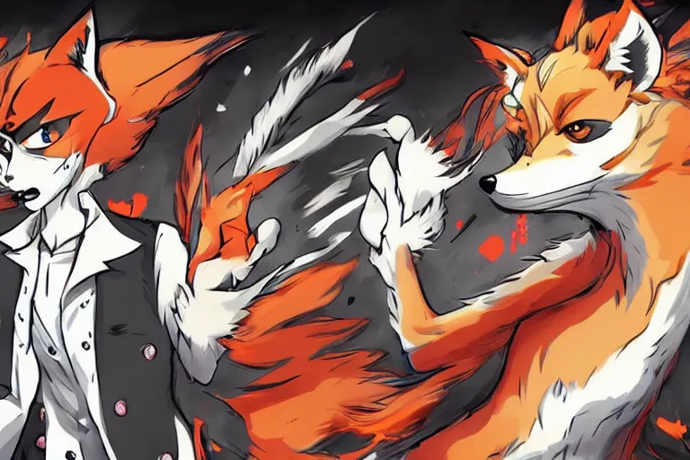 Image similar to a furry tan male fox on a persona 5 : royal ( by atlus ) video game splash screen, a furry male sandcolored tan fox fursona ( has hair ), persona 5 phantom thief style