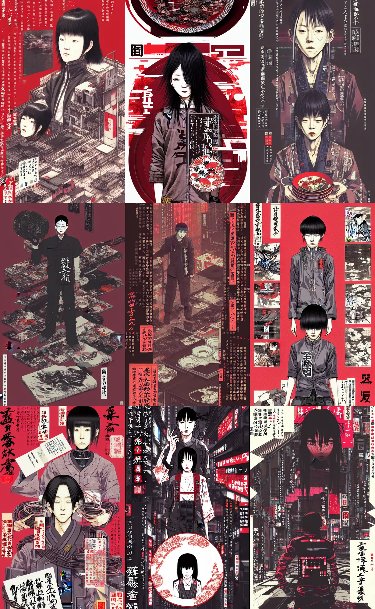 Prompt: package empty plate japanese cyberpunk chinese illustration concept art trending on arstation 4 k, graphic design, by kim jung ji, katsuhiro otomo and junji ito