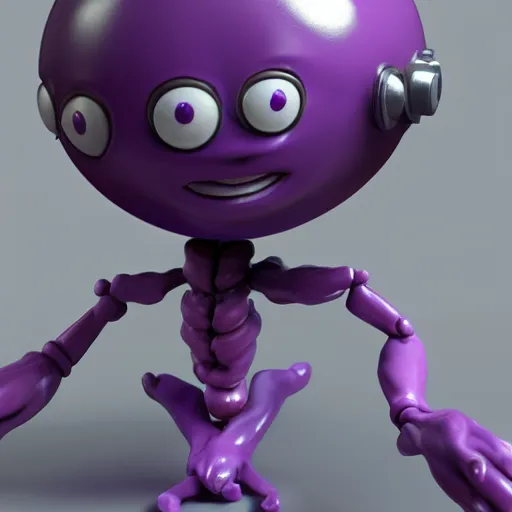 Image similar to photo of a comically tiny clay model of character with large spherical purple head and large childlike eyes with comically tiny body and spindly limbs leans close to the camera, fish eye lens, 4 k, hyper realistic, hyper detailed face, octane render, comedic, cute