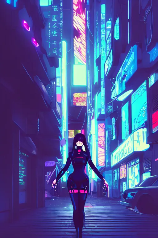 Prompt: digital illustration of cyberpunk pretty girl with blue hair, wearing a black dominatrix outfit, in city street at night, by makoto shinkai, ilya kuvshinov, lois van baarle, rossdraws, basquiat