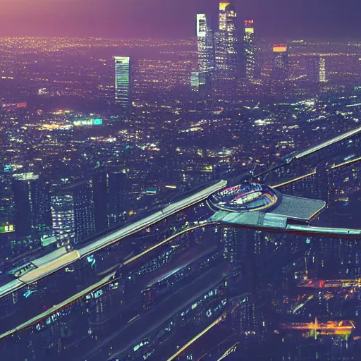 Image similar to Los Angeles blade runner, 8k, photorealistic, award winning aerial photo of the cyberpunk city