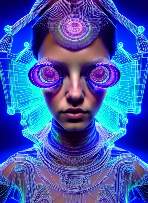 Prompt: three dimensional absurdly beautiful, fashionable futuristic young woman, psychedellic, ayahausca, tryptamine, hyperdetailed illustration by irakli nadar and alexandre ferra, intricate linework, unreal engine 5 highly rendered, global illumination, radiant light, detailed and intricate environment