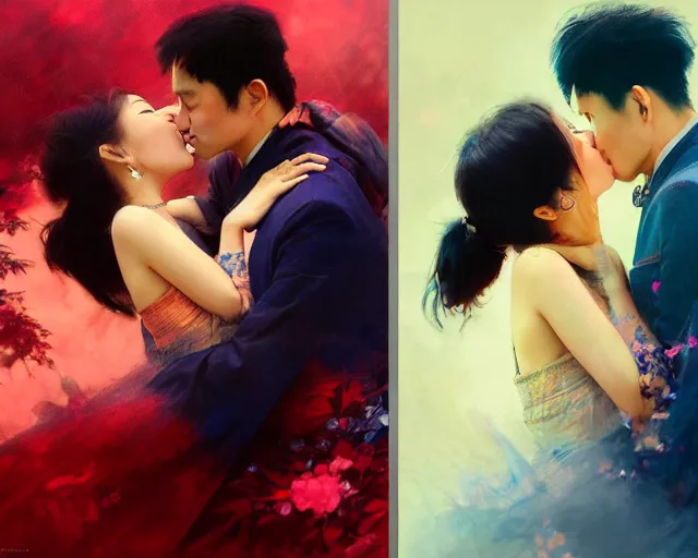 Image similar to photography of asian couples kissing each other, deep focus, d & d, presented as magazine collage style, volumetric light, colourful, sharp, detailed, digital painting by rolf armstrong, jeremy lipkin and michael garmash, rob rey and kentaro miura style