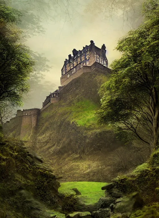 Image similar to a beautiful digital graphics design portrait of Edinburgh castle in Edinburgh. Edinburgh gardens overgrown with plants, caledonian forest, matte painting, fantasy art, highly detailed