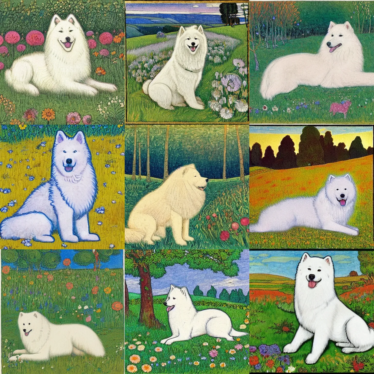 Prompt: a samoyed dog sitting in the middle of sunny meadow, by ivan bilibin