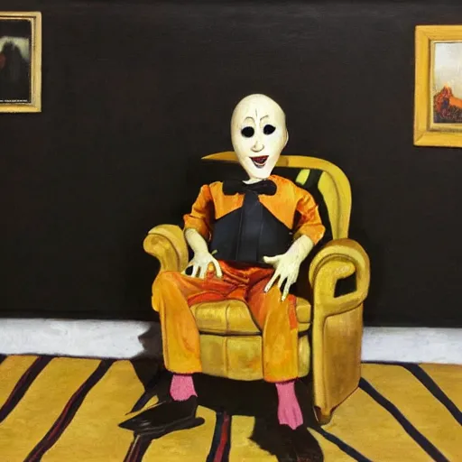 Image similar to oil painting of ventriloquist's dummy, sitting on chair with black leather seat, gold theater tragedy mask on floor, black curtains in background, by paula rego