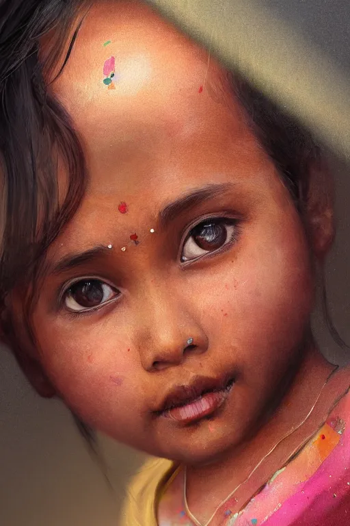 Image similar to hindu little girl, joyful, close - up portrait, intricate, elegant, volumetric lighting, scenery, digital painting, highly detailed, artstation, sharp focus, illustration, concept art, ruan jia, steve mccurry