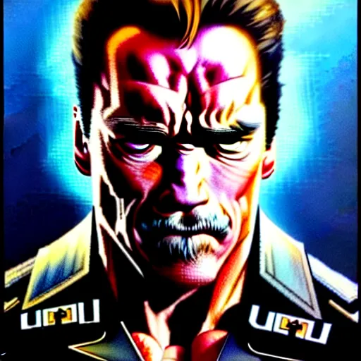 Image similar to uhd photorealistic portrait of nazi arnold schwarzenegger, by amano, ayami kojima, greg rutkowski, lisa frank, mark brooks, and karol bak, masterpiece, cinematic composition, dramatic pose, studio lighting, correct face, hyperdetailed, intricate details