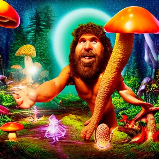 Prompt: caveman discovering magic mushrooms for the first time. 8 k photograph