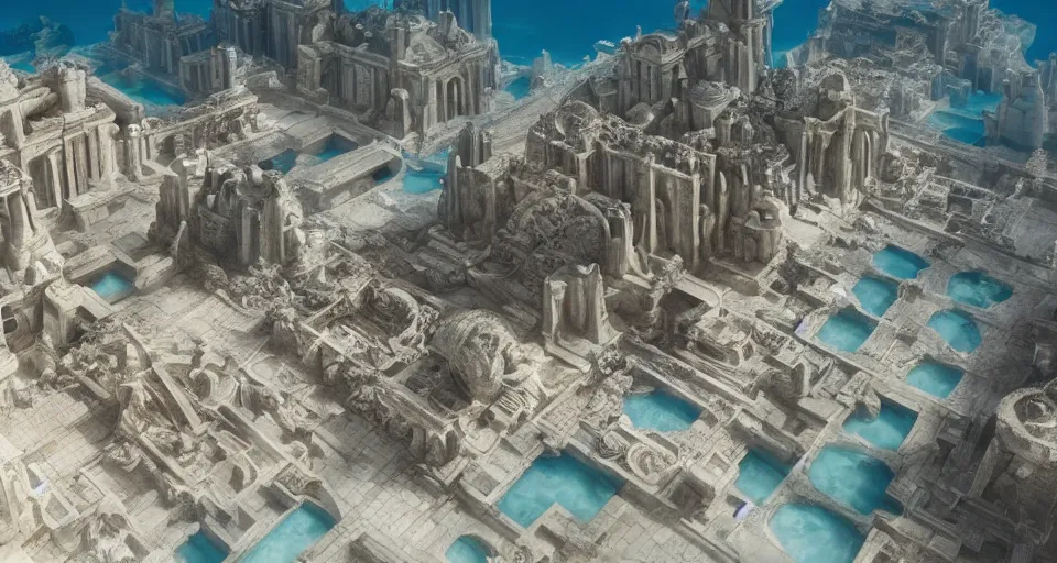 Prompt: a magnificent underwater view of the huge lost city of Atlantis, fully built buildings, white marble, hyper detailed, 4K