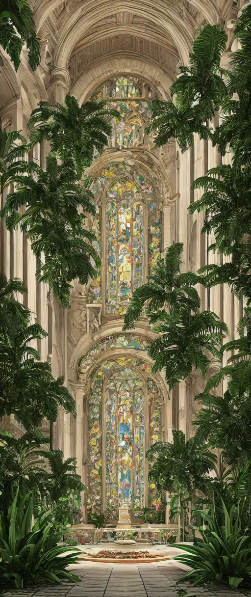 Image similar to beautiful cathedral interior with koi pond in the middle surrounded by palm trees, ivy, flowers, tropical plants, roses, and with archways, rendered in octane render with photorealistic volumetric lighting, cinematic,!! horizontal symmetry!!!, symmetrical, a flemish baroque by thomas cole, sanctuary, unsplash contest winner, maximalism, sanctuary