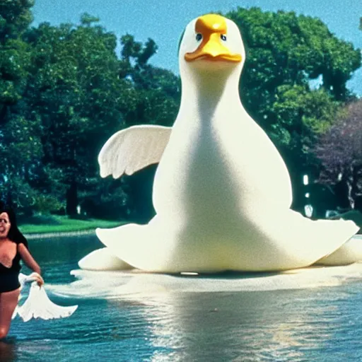 Prompt: a giant duck, a still of attack of the 5 0 ft. woman ( 1 9 9 3 )