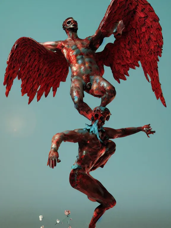 Prompt: a falling man in the form of a Greek sculpture with wings sinking in lake bubbling red wax, skull, flowers, baroque. intricate artwork by dc. Trending on artstation. octane render, cinematic, hyper realism, octane render, 8k, depth of field, bokeh. iridescent accents. vibrant. teal and gold and red colour scheme