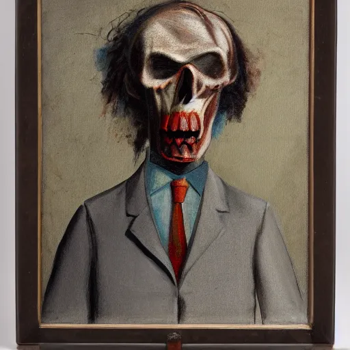 Prompt: a scary portrait of a man with a skull as his head, he is wearing a suit, in the style of Francis Bacon, 4k,