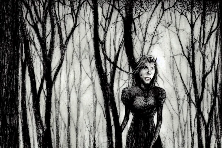 Image similar to mad girl wandering the woods artwork by ben templesmith