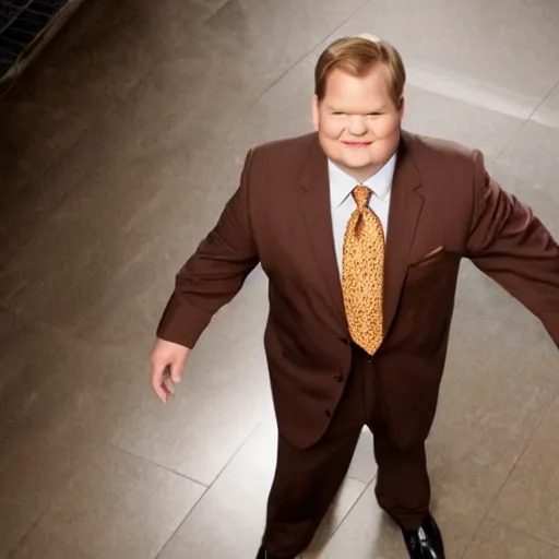 Image similar to Andy Richter is wearing a chocolate brown suit and necktie. Andy is standing inside a bathtub under a running shower. The suit and necktie are soaking wet.