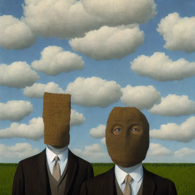 Image similar to portrait of a faceless burlap sack - head man in a suit, clouds in the background, by rene magritte, detailed painting, distance, centered, hd, hq, high resolution, high detail, 4 k, 8 k