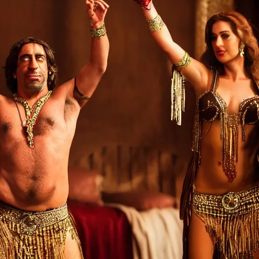 Image similar to a full body shot of javier bardem as a belly dancer, arabian night, high quality, fully detailed, 4 k