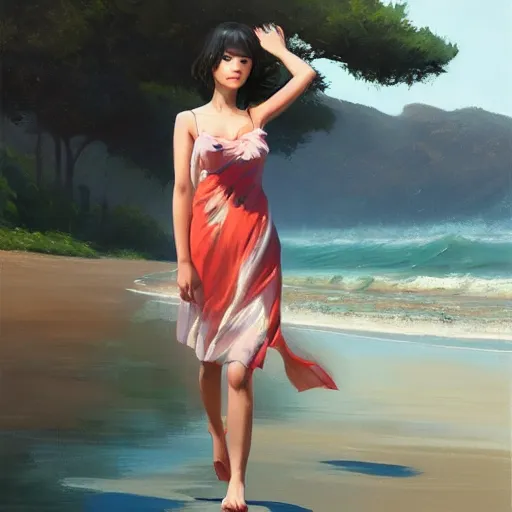 Image similar to oil painting by ilya kuvshinov,, baugh casey, artgerm craig mullins, coby whitmore, of a youthful japanese girl, long hair, wet sundress walking along the coast, highly detailed, breathtaking face, studio photography, noon, intense bounced light, water reflection, large tree casting shadow, serine intense sunlight in the style of zack snyder