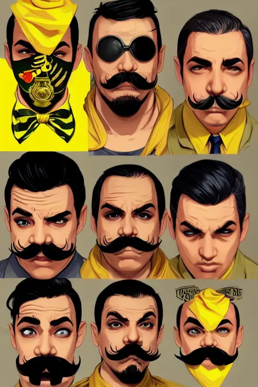 Image similar to gang saints wear yellow bandanas, and some of them have thick mustaches, concept art, pop art style, dynamic comparison, proportional, bioshock art style, gta chinatowon art style, hyper realistic, face and body features, without duplication noise, complicated, sharp focus, intricate, concept art, art by artgerm, mimmo rottela,