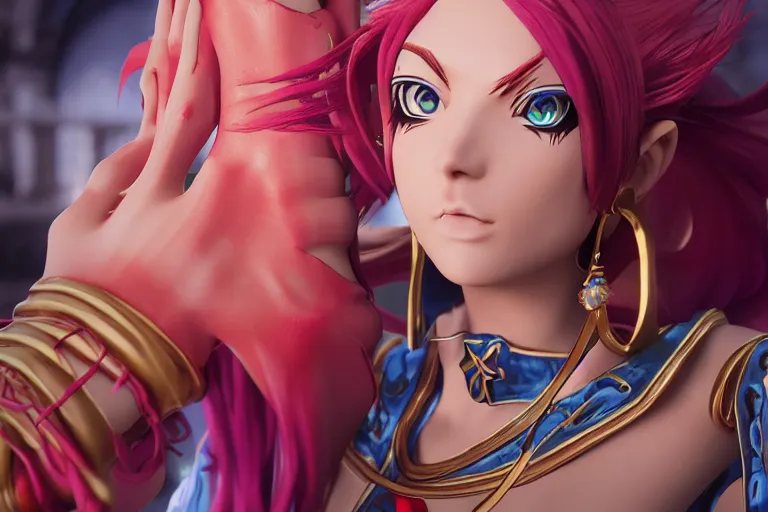 Image similar to character Lina Inverse from anime Slayers (1995 – 2009), rendered in Cinema 4D and Octane and Unreal Engine 5, hyperrealism, full body photogenic shot, digital render, cinematic lighting ornate earrings, 8k resolution, masterpiece work