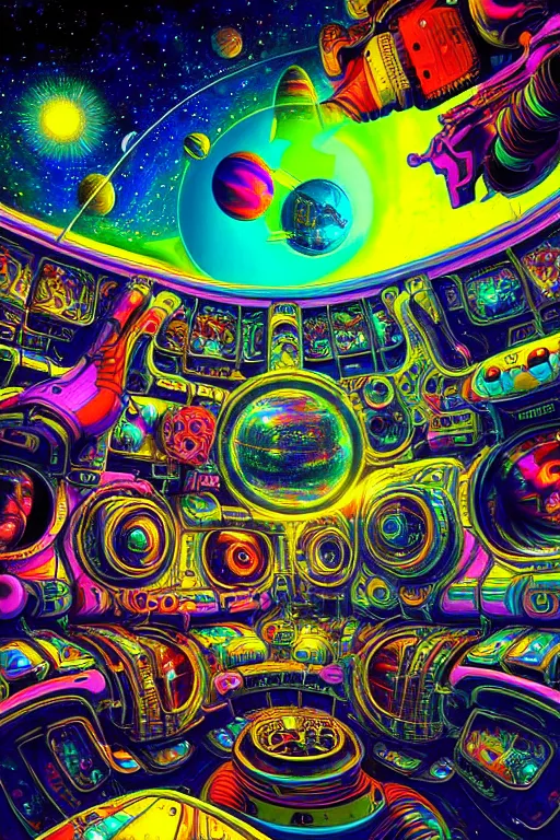 Prompt: maximalist detailed space scene lowbrow scifi artwork by kidsquidy. ray tracing hdr polished sharp in visionary psychedelic fineart style