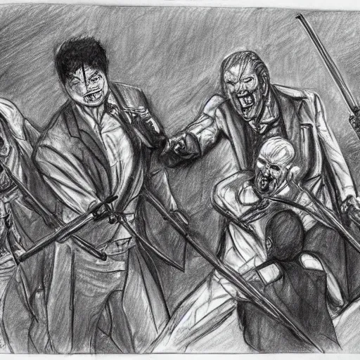 Prompt: highly detailed realistic sketch of UN members in suits yelling at a cyborg samurai, killing each-other , bloody , fear and anger in their eyes, colored , award winning , masterpiece on a scroll , post-processing