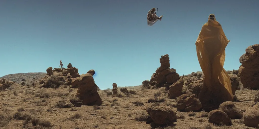 Image similar to levitating ghost veiled silhouette with full - face golden bright reflective mask in a dry rocky desert landscape, visible sky and sunny atmosphere, floating rocks, flying rocks and fata morgana and giant mirrors by alejandro jodorowsky, anamorphic lens, kodakchrome, practical effects, masterpiece, 8 k