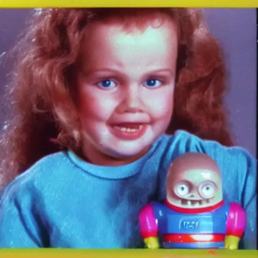 Image similar to vhs footage of an 8 0 s toy commercial of a super creepy toy